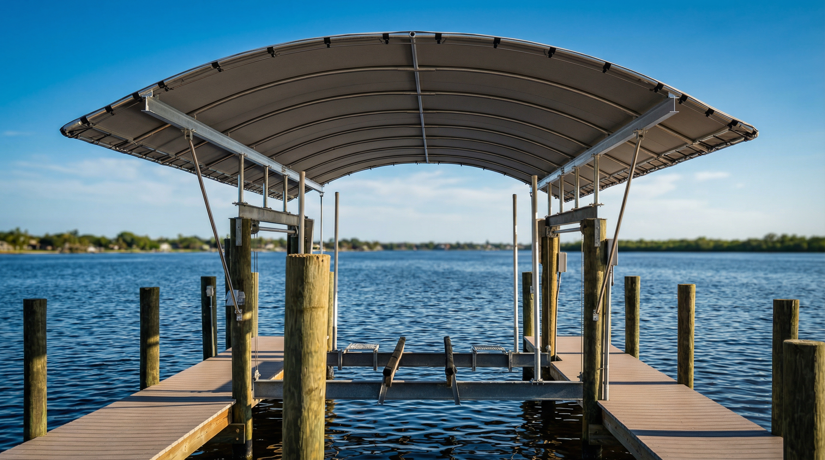 Boat lift with canopy on a dock overlooking blue water